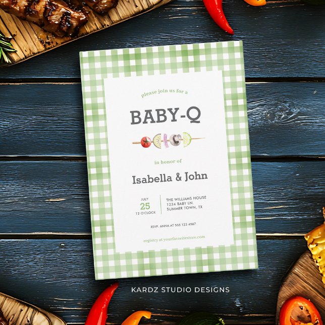 Watercolor Outdoor Barbecue Baby Shower Invitation (This couples baby shower invitation with Baby Q theme is perfect for a summer shower celebration.)