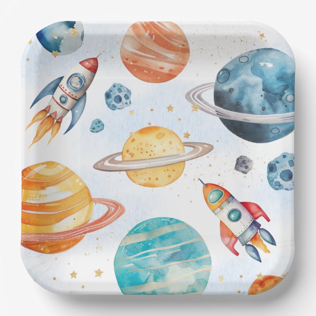 Watercolor Outer Space Birthday Party Plates (Front)