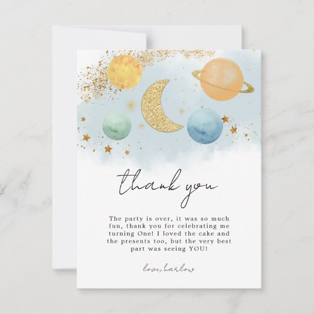 Watercolor Outer Space Two the Moon Thank You Card (Front)