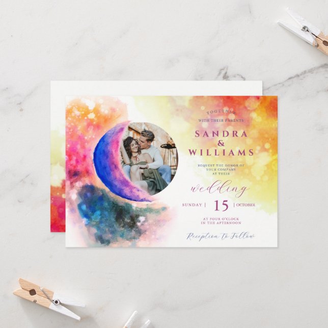 Watercolor Over Moon Couple Photo Ombre Wedding Invitation (Front/Back In Situ)