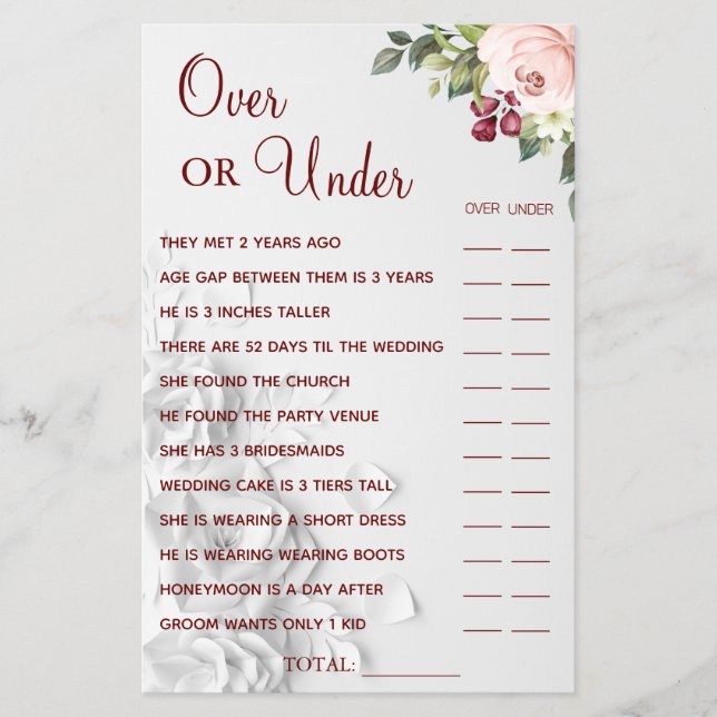Watercolor Over or Under Bridal shower game card (Front)
