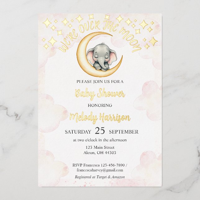 Watercolor Over the Moon Elephant Baby Shower  (Front)