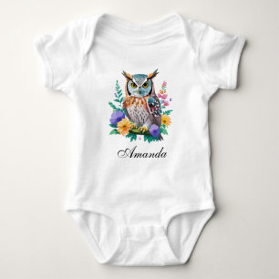 Watercolor Owl and Colourful Flowers Baby Bodysuit