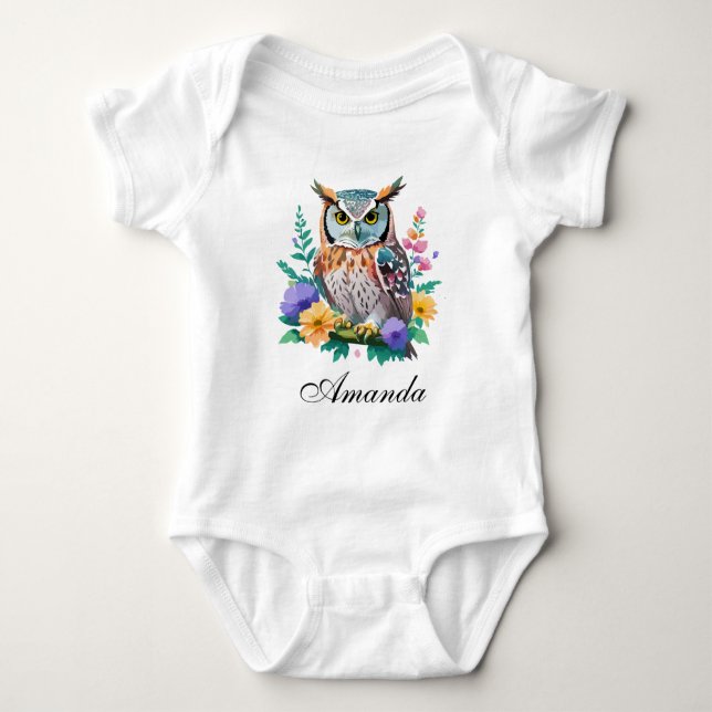 Watercolor Owl and Colourful Flowers Baby Bodysuit (Front)