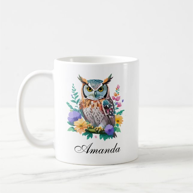 Watercolor Owl and Colourful Flowers Coffee Mug (Left)