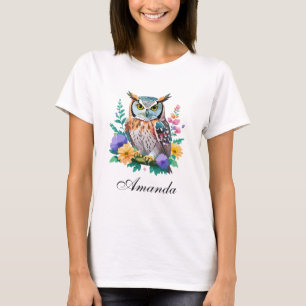 Watercolor Owl and Colourful Flowers T-Shirt