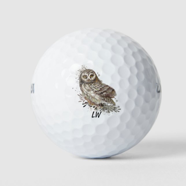 Watercolor Owl Bird Art Monogram Art Golf Balls (Front)