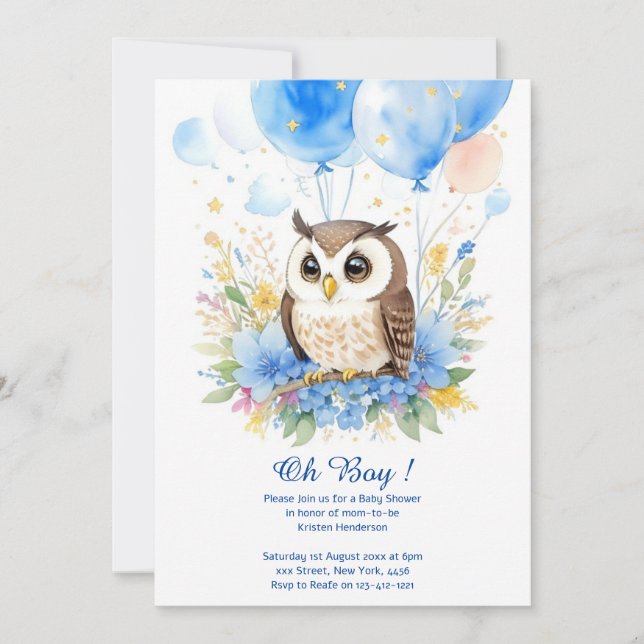 Watercolor Owl Boy Baby Shower Invitation (Front)