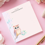 Watercolor Owl Branch Personalised Name Notepad<br><div class="desc">Add a touch of whimsy to your notes with this charming, personalised notepad. A delicate watercolor illustration of a sweet owl perched on a leafy branch decorates the lower-left corner. The soft, pastel background provides a lovely backdrop for your custom text. This notepad is perfect for to-do lists, reminders, or...</div>