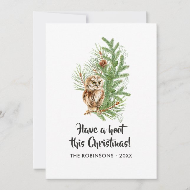 Watercolor Owl Christmas Family Photo Collage Holiday Card (Front)