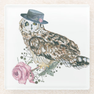 Watercolor Owl Glass Coaster