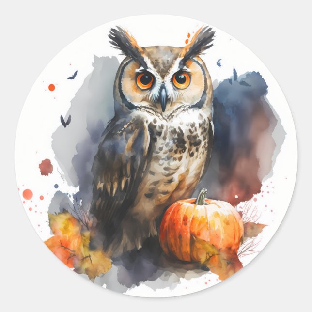 Watercolor Owl Halloween Classic Round Sticker (Front)