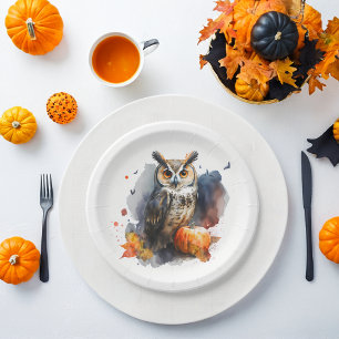 Watercolor Owl Halloween Paper Plate