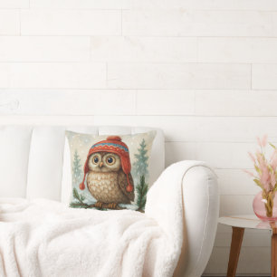 Watercolor Owl In a Winter Cap Cushion