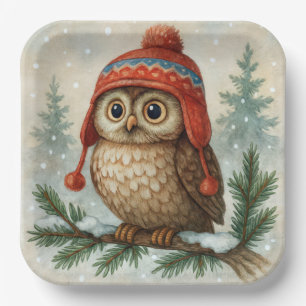 Watercolor Owl In a Winter Cap Paper Plate
