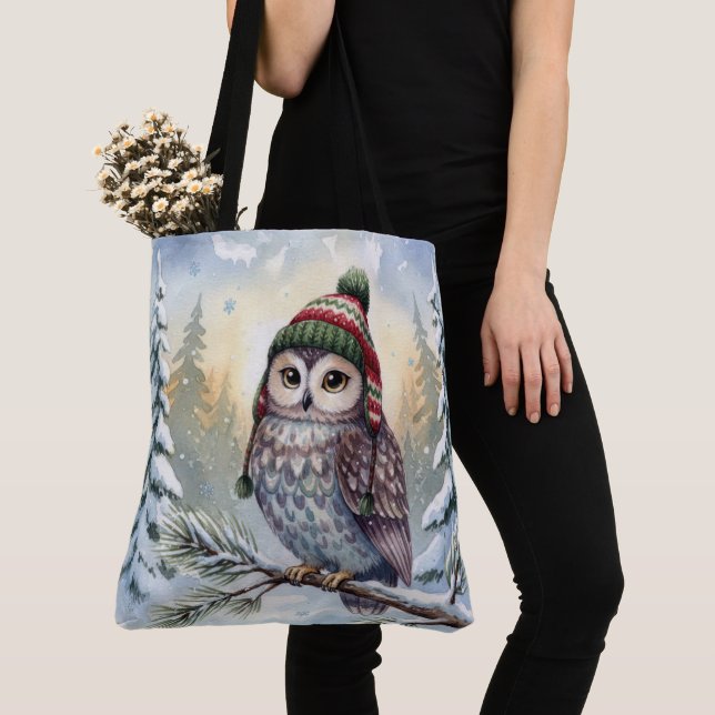 Watercolor Owl In a Winter Hat Tote Bag (Close Up)