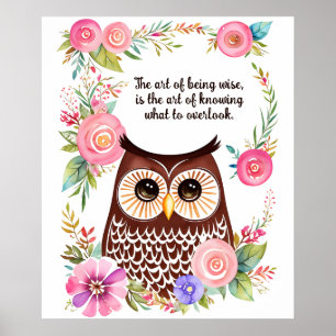 Watercolor Owl in Garden With Pretty Flowers Poster