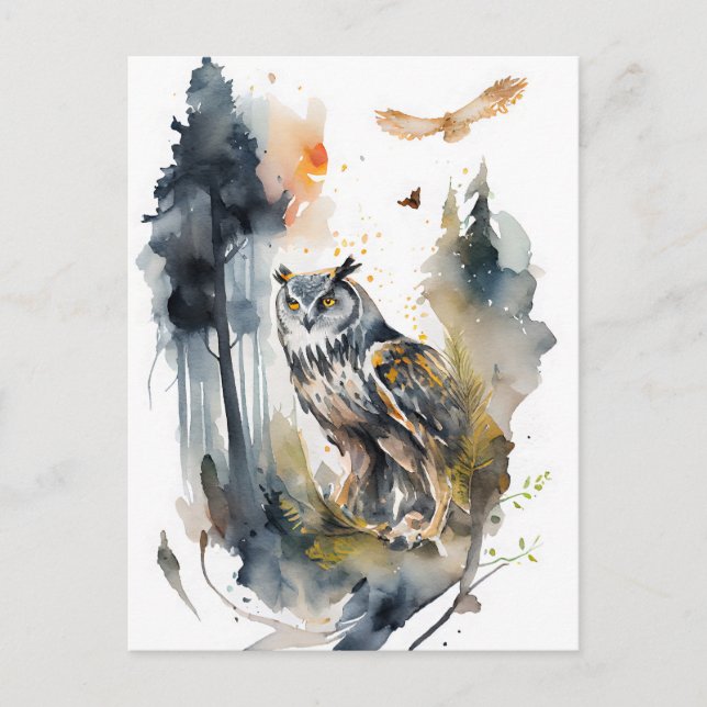Watercolor Owl in the Forest Postcard (Front)