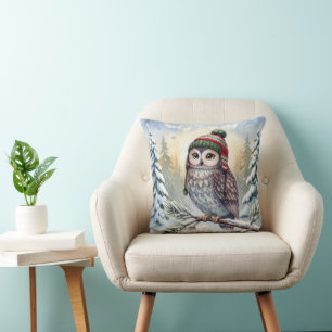 Watercolor Owl In Winter Hat Cushion