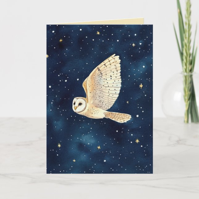 Watercolor Owl Starry Night Xmas Family Photo  Card (Front)