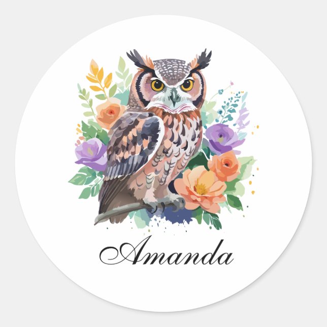 Watercolor Owl with Colourful Flowers Classic Round Sticker (Front)