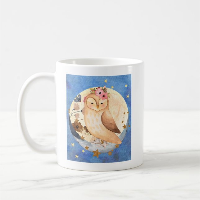 Watercolor Owl with Flowers Moon and Stars Mug (Left)