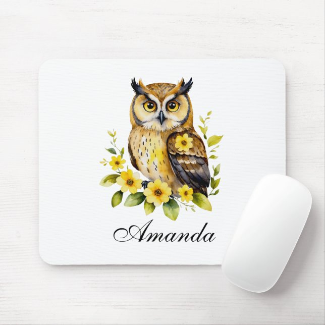 Watercolor Owl with Yellow Flowers Mouse Pad (With Mouse)
