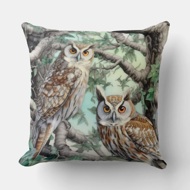 Watercolor Owls in Trees Cushion (Front)