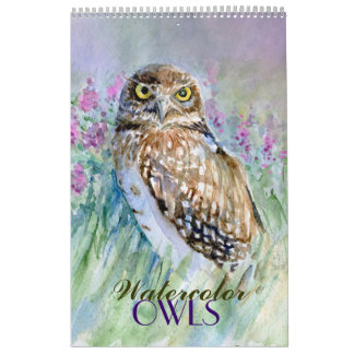 Watercolor owls paintings calendar 2015 close-ups