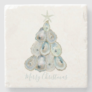 Watercolor Oyster Christmas Tree Stone Coaster