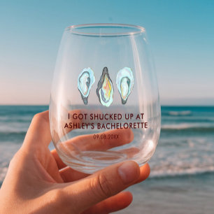 Watercolor Oyster Coastal Seaside Bachelorette Stemless Wine Glass