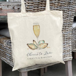 Watercolor Oyster & Pearl "Cheers to Love" Favour Tote Bag<br><div class="desc">Planning a seafood themed or oyster roast rehearsal dinner, engagement party, or wedding? Our coastal chic favour tote bags feature soft cream and aqua watercolor oyster and pearl illustrations surrounding a champagne flute, with two lines of custom text in classic navy blue. Shown with "Cheers to Love" in elegant script,...</div>