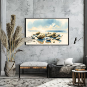 Watercolor Oyster Shells Coastal Art Landscape Poster