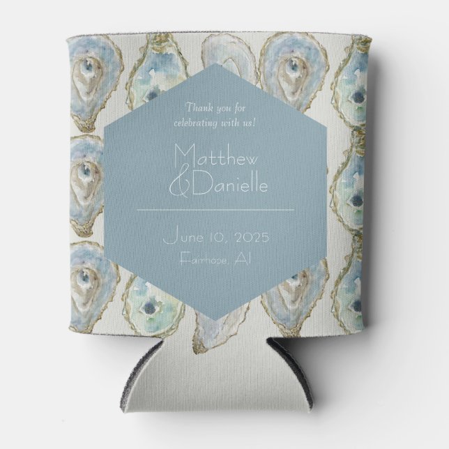 Watercolor Oysters Wedding- Dusty Blue Can Cooler (Front)