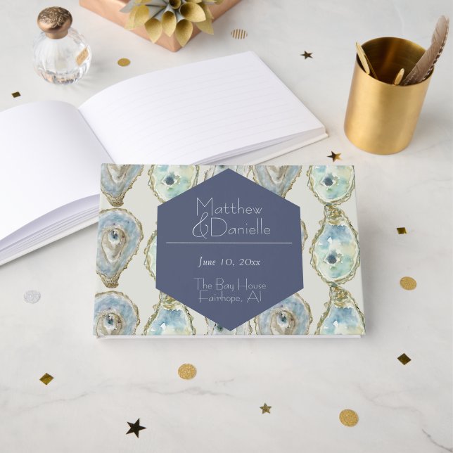 Watercolor Oysters Wedding- Dusty Blue Guest Book (Front Open)
