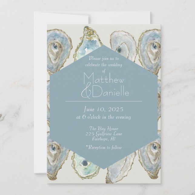 Watercolor Oysters Wedding- Dusty Blue Invitation (Front)