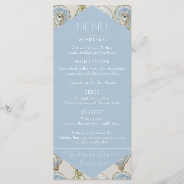 Watercolor Oysters Wedding- Light Blue Flat Menu (Front)