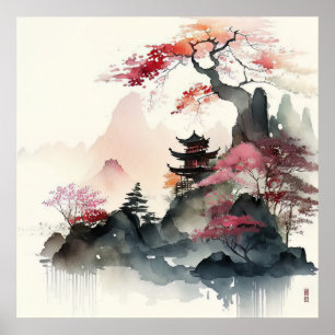 Watercolor Pagoda Art  Poster