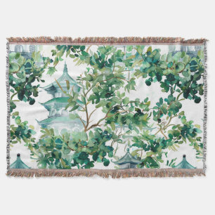 Watercolor Pagodas Olive Forest Asian Landscape Throw Blanket