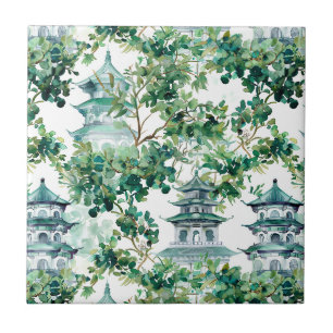 Watercolor Pagodas Olive Forest Asian Landscape Tile