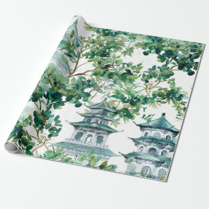 Watercolor Pagodas Olive Forest Asian Landscape Wrapping Paper