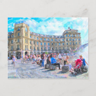 Watercolor paint of Munich Stachus. Postcard