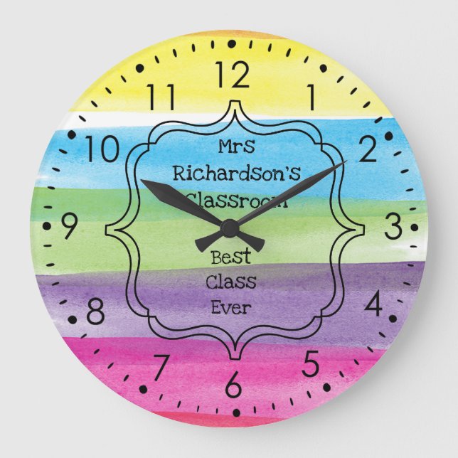 Watercolor Paint Rainbow Teacher Large Clock (Front)