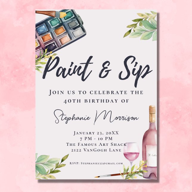 Watercolor Paint & Sip Art Birthday Invitation (Creator Uploaded)