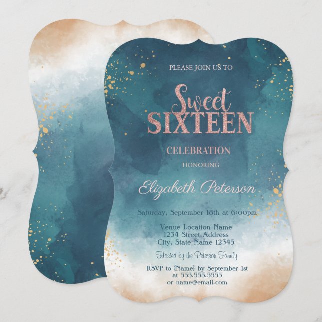 Watercolor Paint Splash Glitter Sweet 16 Invitation (Front/Back)