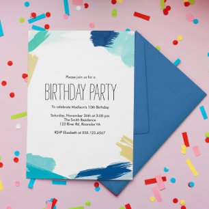 Watercolor Paint Strokes Birthday Party Invitation