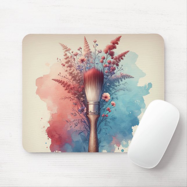 Watercolor Paintbrush With Floral Bouquet Mouse Pad (With Mouse)