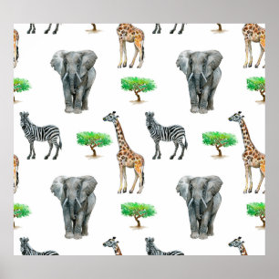 Watercolor Painted Animals Seamless Pattern Poster