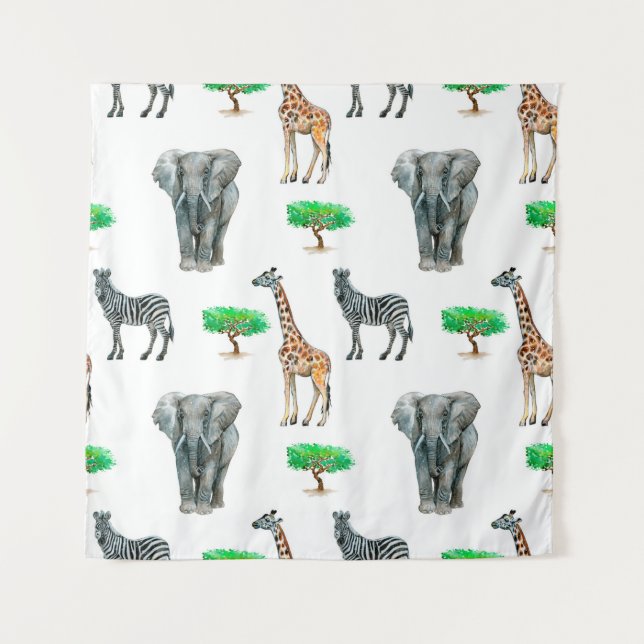 Watercolor painted animals seapless pattern tapestry (Front)