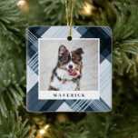 Watercolor Painted Blue Plaid Pet Photo Christmas Ceramic Ornament<br><div class="desc">Celebrate your furry family member with these stylish photo Christmas ornaments. They feature a hand painted diagonal plaid design in the background,  along with photo and text templates for simple personalisation! The back contains the same plaid design,  as well as a text template for the year.</div>